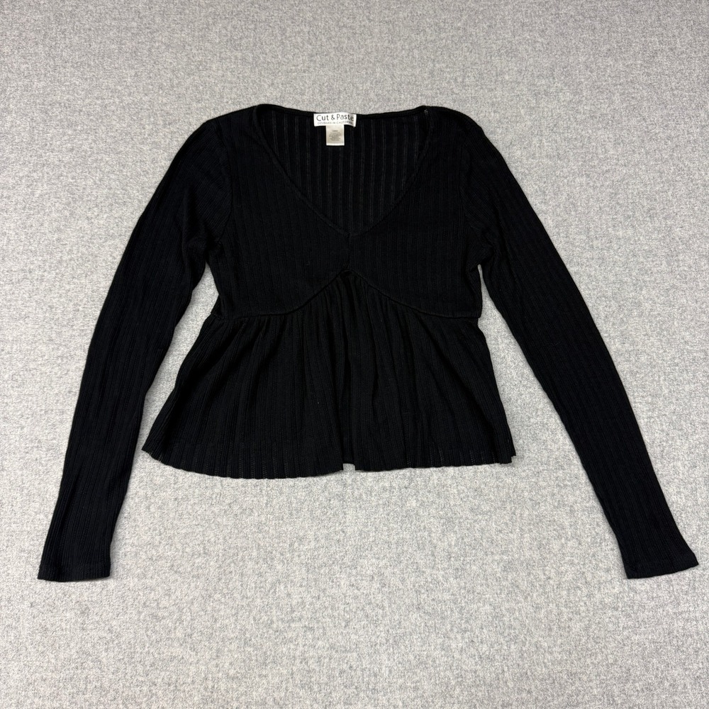 Cut & Paste Top Size Large Black Ribbed V-Neck Babydoll Long Sleeve Empire Waist